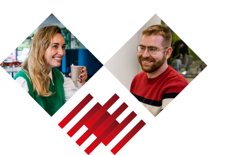 Trois images en formes de coeur : Deux photos d'alternants de CGI FINANCE - Les barrettes institutionnelles de CGI FINANCE en rouge